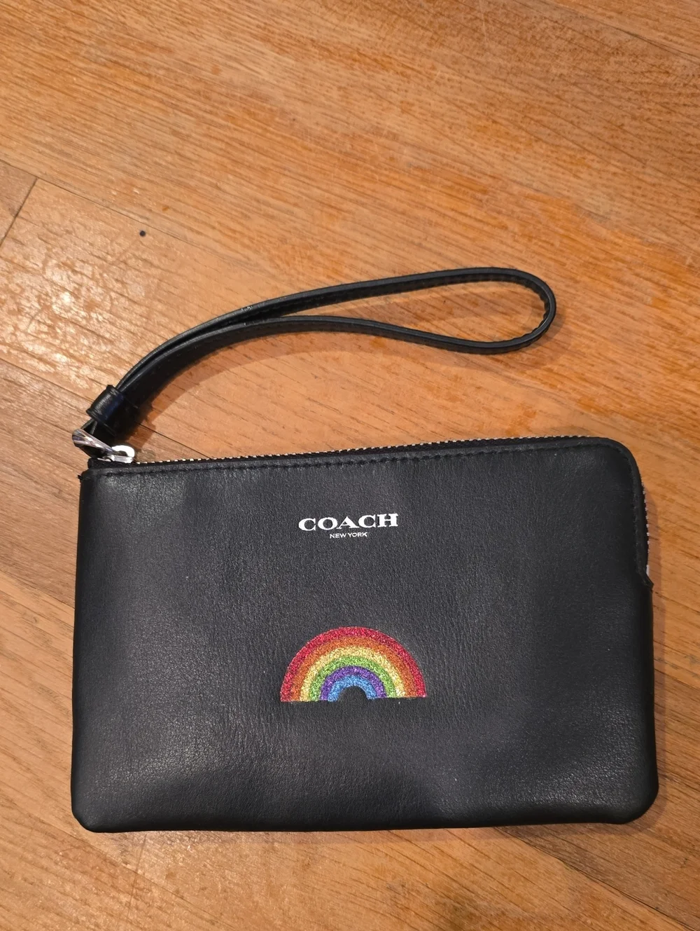 Coach Black Leather Wristlet with Rainbow Patch